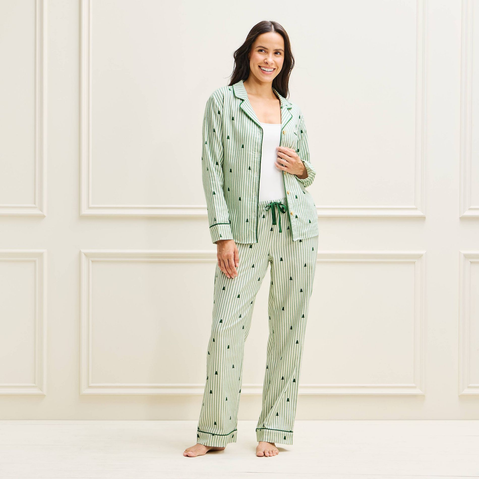 Women's Holiday Tree Striped Flannel Matching Family Pajama Set - Wondershop™ Green M