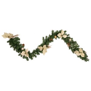 Northlight 6' x 9" Unlit Gold Poinsettia and Pinecone Artificial Christmas Garland - 1 of 3