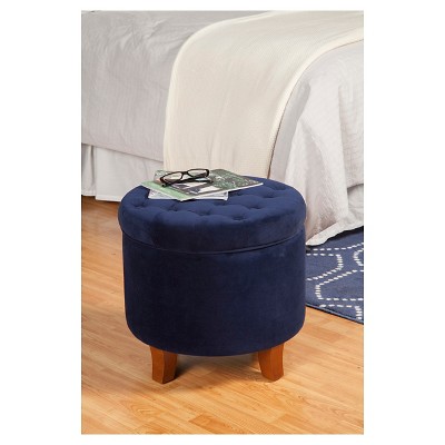 Navy Velvet Round Tufted Ottoman with Rustic Wood Legs