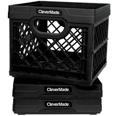 CleverMade MilkCrates Durable Plastic Stackable 25L Collapsible Utility Crate, Black (3-Pack)