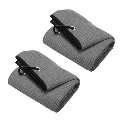 Unique Bargains Super Absorbent Waffle Pattern Tri-Fold Microfiber Golf Towels with D Clips 20"x16" 2 Pcs