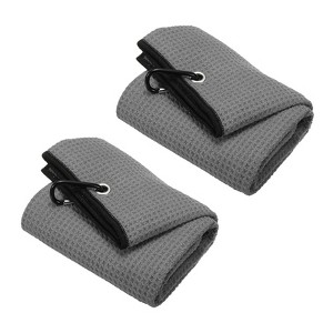 Unique Bargains Super Absorbent Waffle Pattern Tri-Fold Microfiber Golf Towels with D Clips 20"x16" 2 Pcs - 1 of 4