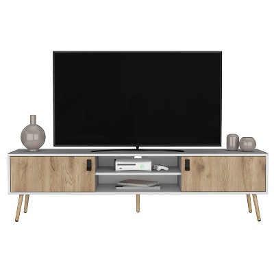 Vynxaria Elegant TV Rack with 2 Hinged Doors and Central Shelves, White/Macadamia Finish