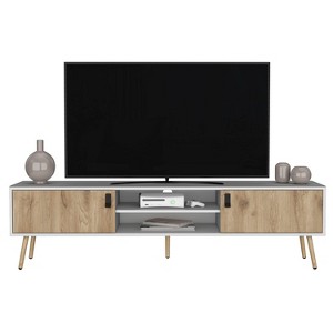 Vynxaria Elegant TV Rack with 2 Hinged Doors and Central Shelves, White/Macadamia Finish - 1 of 4