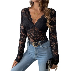 Womens Lace Long Sleeve Little Stretch Bodysuit V Neck Sheer Mesh Cheeky Body Suit Lace Back Slim Fit Jumpsuits Stretch Hollowout Leotard - 1 of 4