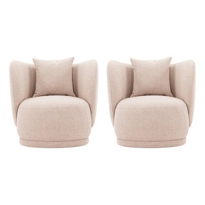 Set of 2 Wheat Linen Upholstered Barrel Accent Chairs