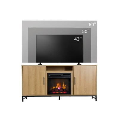 Modern White Oak TV Stand with Electric Fireplace and Cabinets