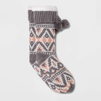 Women's Fair Isle Geo Sherpa Lined Slipper Socks with Poms & Grippers - Gray 4-10
