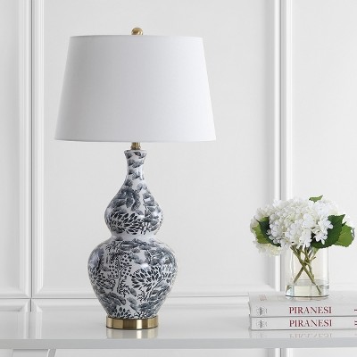 Exotic Floral Black & White Ceramic Table Lamp Set with Brass Accents