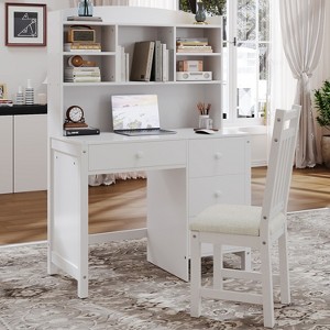 Writing Desk and Upholstered Chair Set with Bookshelf, 40'' Vintage Computer Desk with 4 Drawers, Hutch, and Chair - 1 of 4