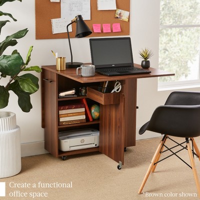 Sage Green Multipurpose Folding Table with Shelves and Wheels