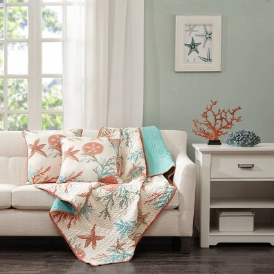 Oversized Aqua and Coral Cotton Quilted Throw