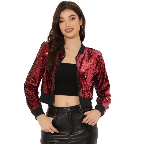 Allegra K Women's Sequin Sparkle Front Zipper Cropped Bomber Jacket Red-a X- small : Target