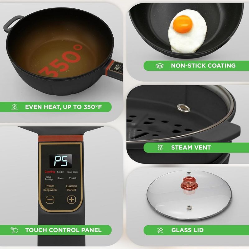 NutriChef Multifunctional 4L Electric Frying Pan & 4L Steamer - Black, 3 of 8
