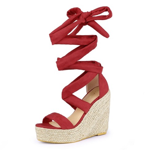 Allegra K Women's Espadrilles Tie Up Ankle Strap Wedges Sandals Red 8.5