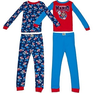 Super Mario Little Boys' 4-Piece Long Sleeve Pajama Sets, Red/Blue, 4 - 1 of 4