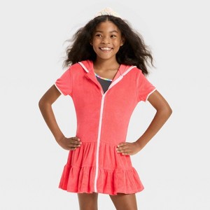 Girls' Red Terry Zip-Up Swimsuit Cover Up - Cat & Jack™ Coral Red - 1 of 3