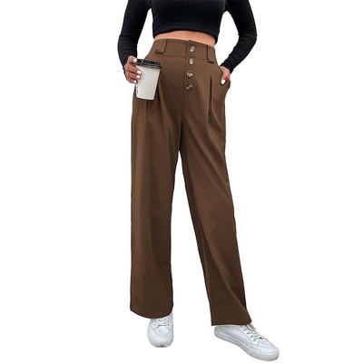 Women's Straight Leg Suit Pants Pleated Dress Pants for Women High Waist Business Casual Long Trousers Pant with Button Detail