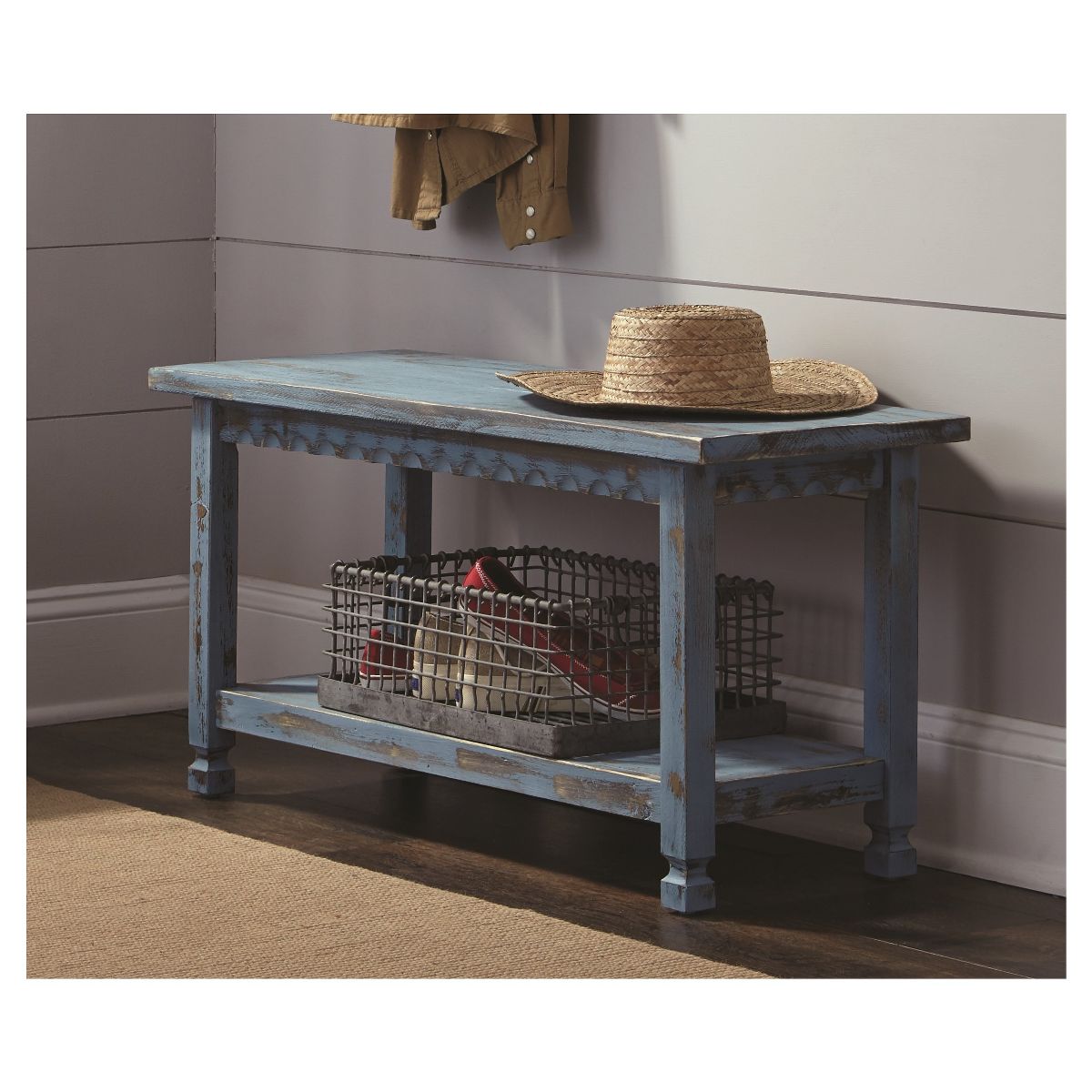 Country Cottage Entryway Wood Bench with Shelf Antique Finish - Alaterre Furniture