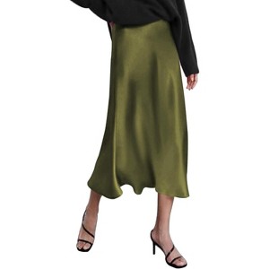 Women's High Waist Satin Midi Skirt - Elegant A-Line Silky Skirt Army Green - 1 of 4