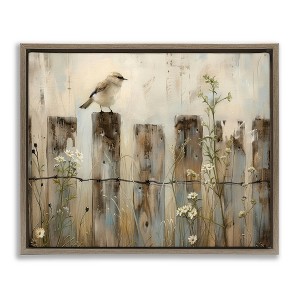 Stupell Industries Fence Perched Country Bird Floating Frame Canvas Art - 1 of 4