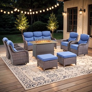 Buenhomino 8 Pieces Patio Furniture Sets with Fire Pit Table, Wicker Outdoor Conversation Sets with 4 Swivel Rocker Chairs, 3-seat Sofa and Ottomans - 1 of 4