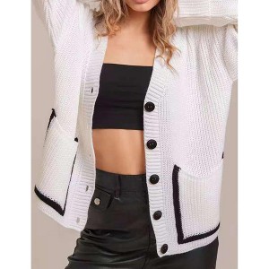 Women's Color Block Cardigan V-Neck Button Front Knit Sweater with Pockets - 1 of 4
