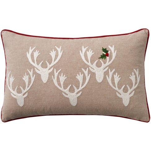 12 x20 Oversize Holiday Embroidered Deer Holly Lumbar Throw Pillow Beige Mina Victory Target