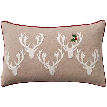 12"x20" Oversize Holiday Embroidered Deer & Holly Lumbar Throw Pillow Beige - Mina Victory
