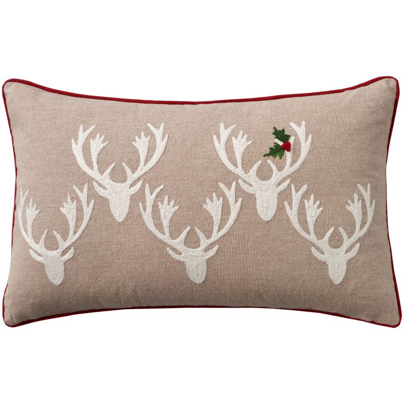 12&#34;x20&#34; Oversize Holiday Embroidered Deer &#38; Holly Lumbar Throw Pillow Beige - Mina Victory, 1 of 7