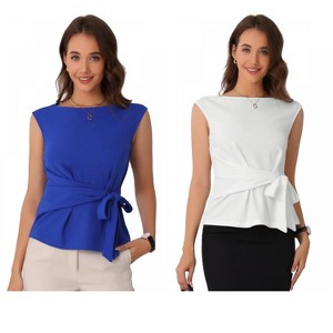 INSPIRE CHIC Women's Summer Tie Front Boat Neck Sleeveless Work Blouse 2 Packs - 1 of 4