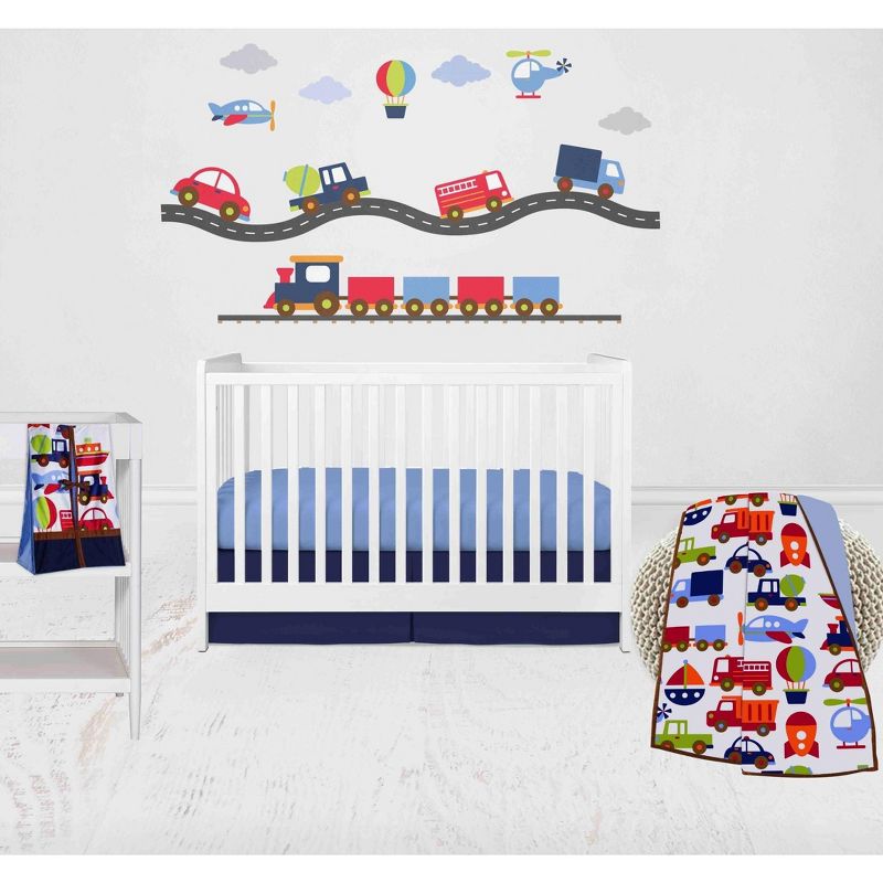 Bacati - Transportation Blue Navy Green Red Orange 4 pc Crib Bedding Set with Diaper Caddy, 1 of 9