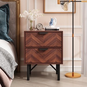Hitow Two Drawer Nightstand Brown Wood Grain Black Metal Feet - 1 of 4