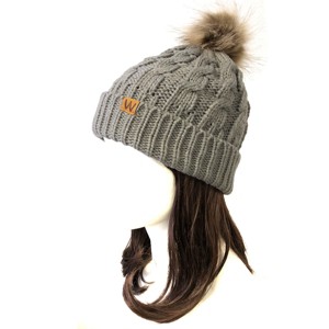 Wrapables Cable Knit Faux Fur Pom Pom Beanie, Adult Gray - 1 of 3