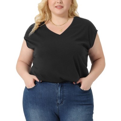 Agnes Orinda Women's Plus Size V Neck Cap Sleeves Sequin-Panel-Shoulder Tank Top