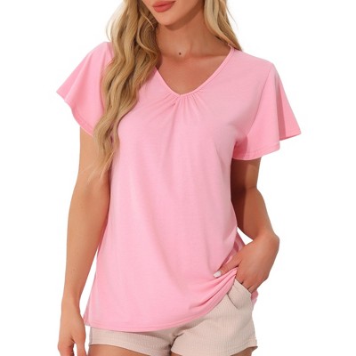 cheibear Women's Soft Knit Short Sleeve V Neck Pleated Pajama Tops