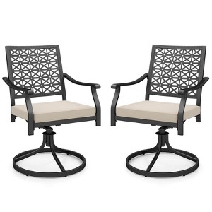 Costway 2 PCS Outdoor Swivel Chairs Patio Dining Chairs with Padded Cushions High Back Beige/Navy - 1 of 4