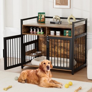 Dog Crate Furniture, Large Dog Cage for Large/Medium Dog, 48 Inch Dog Kennel with Adjustable Raised Feeders, Indoor Heavy Duty Metal Dog Crate - 1 of 4