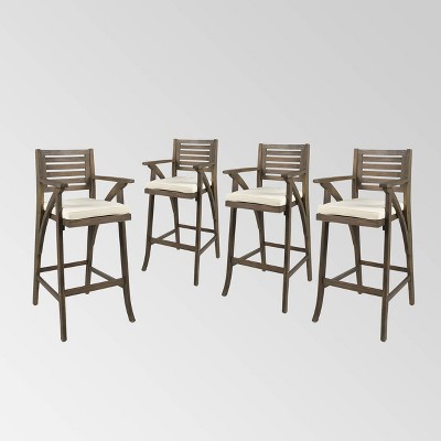 Hermosa Gray Acacia Wood Outdoor Barstools with Cream Cushions, Set of 4