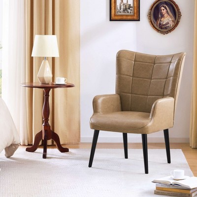 CAVINAS PU Leather Accent Chair with High Backrest and Wooden Leg,Mid-Century Upholstered Living Room Chairs,Reading Chairs for Living Room