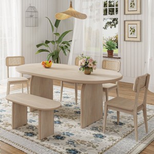 6 PCS Farmhouse Style Dining Set, Oval Solid Wood Table with Trestle Base, 1 Bench and 4 Wood Frame Chairs with Rattan-Back-Coolbibila - 1 of 4