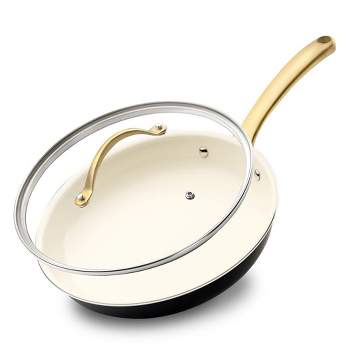 NutriChef 10” Fry Pan With Lid - Medium Skillet Nonstick Frying Pan with Golden Titanium Coated Silicone Handle