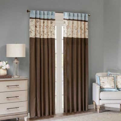 Blue Embroidered Light-Filtering Pleated Curtain Panel