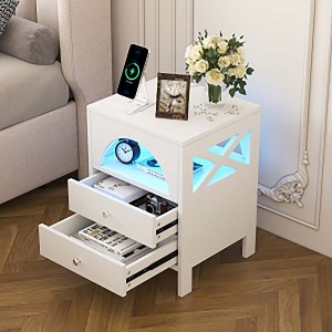 Modern Nightstand with Charging Station and Rgb Led Lights, Wood Bedside Table with 2 Drawers End Table for Bedroom Living Room-White - 1 of 4