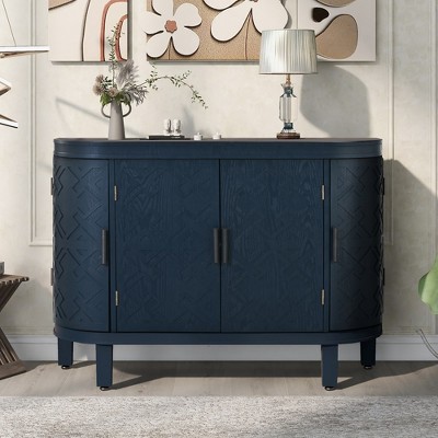 U Shape Accent Storage Cabinet With Antique Pattern Doors, Shelves, Wood Legs Buffet Sideboard