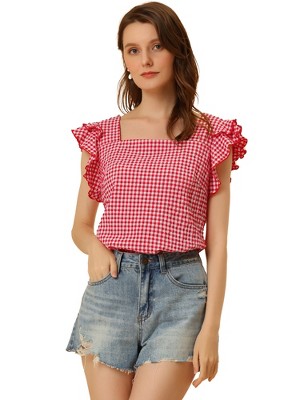 INSPIRE CHIC Women's Summer Gingham Square Neck Ruffle Sleeve Blouse