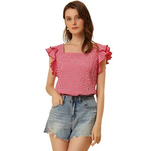 INSPIRE CHIC Women's Summer Gingham Square Neck Ruffle Sleeve Blouse - 1 of 4
