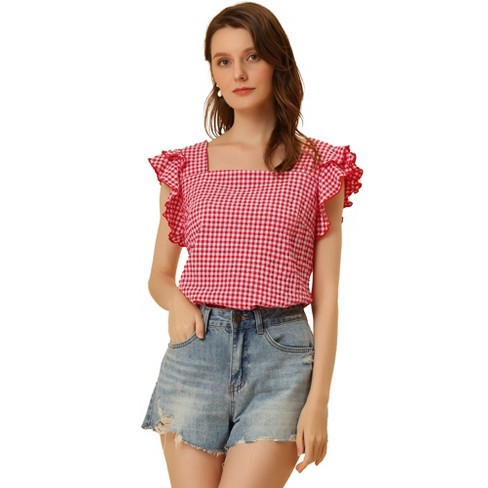 Allegra K Women's Summer Gingham Square Neck Ruffle Sleeve Blouse