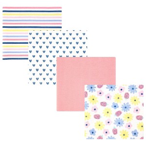 Hudson Baby Infant Girls Cotton Flannel Receiving Blankets 4-Pack, Flowers And Strawberries, One Size - 1 of 4