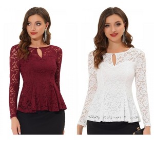 INSPIRE CHIC Women's Floral Lace Front Peplum Hem Keyhole Sheer Long Sleeve Blouse 2 Pieces - 1 of 4